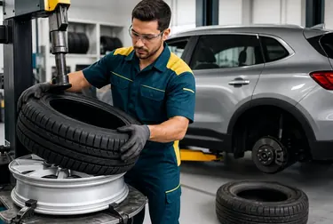 Mecânico efetuando a troca de pneus.