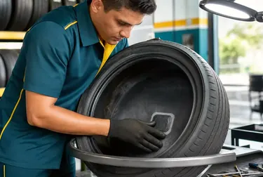 Técnico consertando pneu em borracharia.