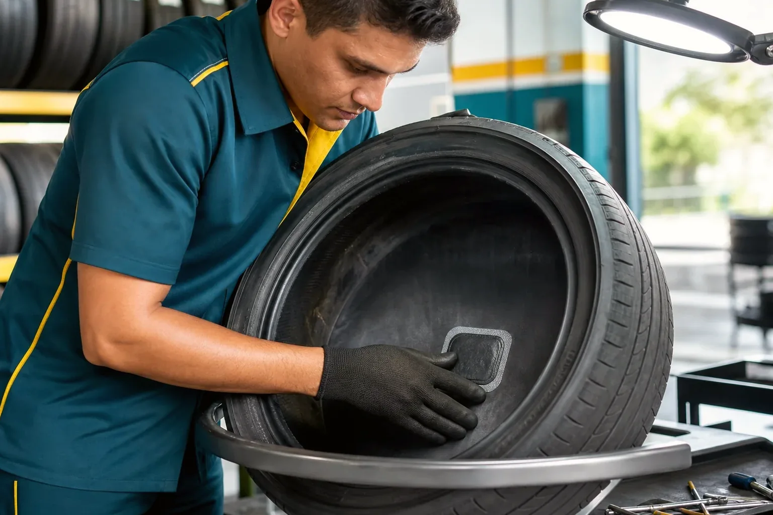 Técnico consertando pneu em borracharia.