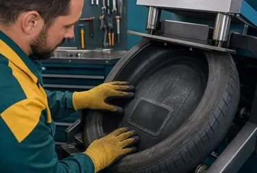 Técnico realizando vulcanização de pneu.